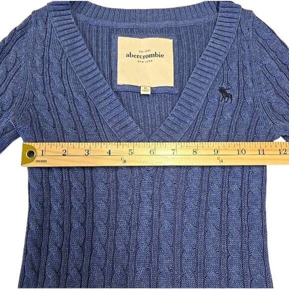Vtg Abercrombie & Fitch Y2K Cable-knit Sweater Sz XL Vneck Preppy Academia Blue - Picture 7 of 8